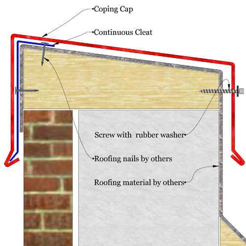 Simple system existing slope sheet metal coping sketch drawing. The image shows a sketch of metal coping installed over parapet wall with existing slope.