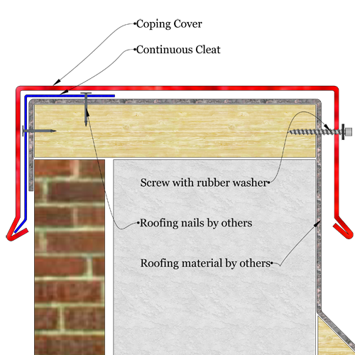 Simple system sloped sheet metal coping sketch drawing. The image shows a sketch of metal coping installed over parapet wall.