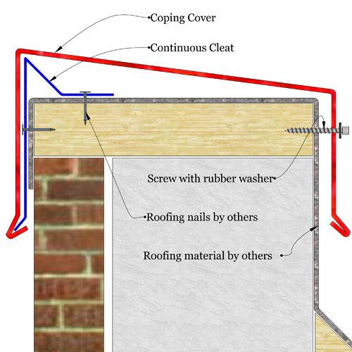 Simple system sloped sheet metal coping sketch drawing. The image shows a sketch of metal coping installed over parapet wall.
