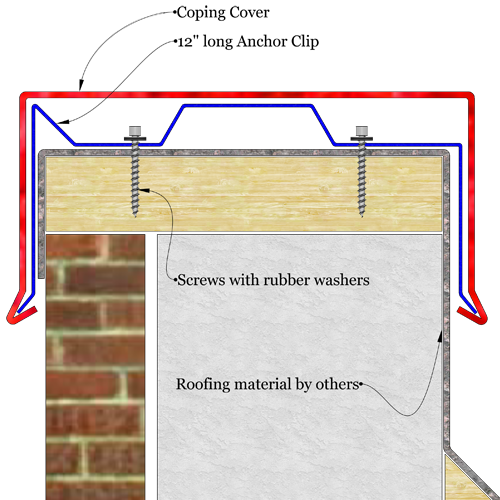 Snap lock roof coping level sketch drawing. The image shows a sketch of metal coping installed level over parapet wall.